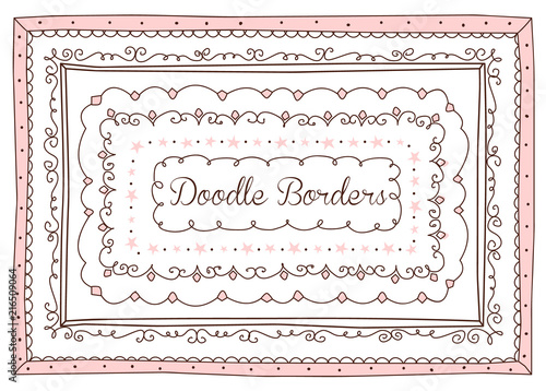 Vector set of cute doodle frames and borders. Hand drawn design element for little princess. Girlish sketch for sketchbook. Loop, stars, decorative ornament, pink picture template. Text contour box