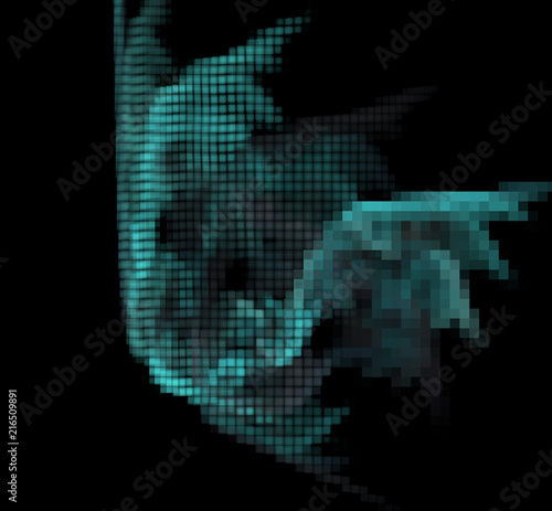 Blue pixel grid fractal on a black background.