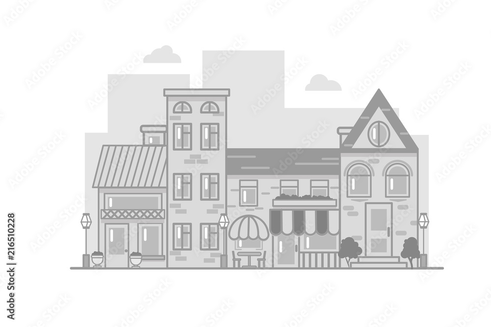 City Street flat design.Bright urban streetscape in lines. Cartoon exterior architecture, touristic place, facade for illustration of business town-planning project, background for any cartoon scene