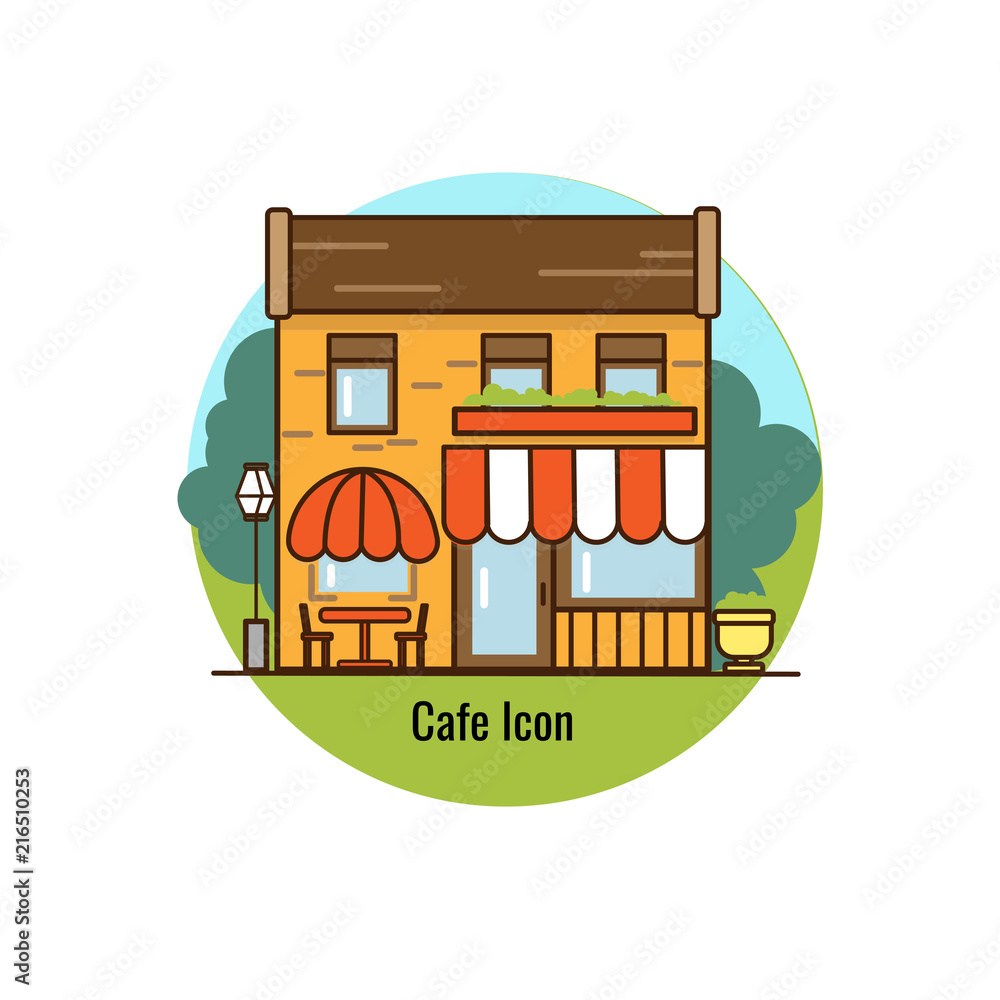 Cafe icon flat design. Urban streetscape. Vector house. Cartoon exterior  architecture, touristic place, facade for illustration of business town- planning project, background for any cartoon scene Stock Vector | Adobe  Stock
