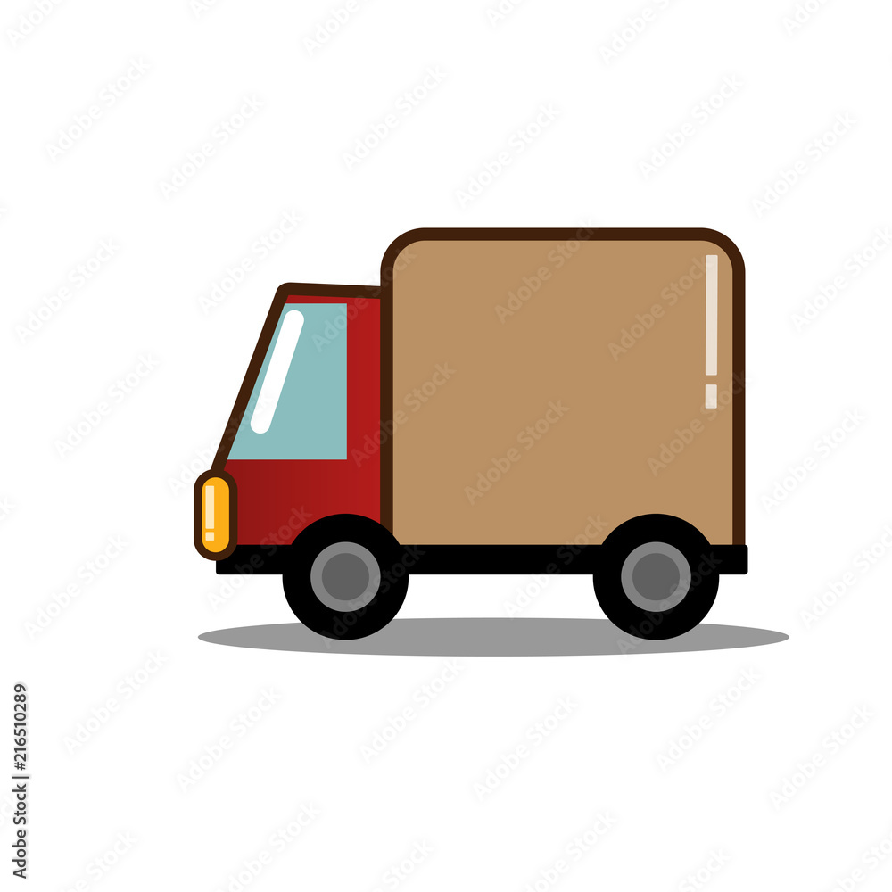 Flat delivery service truck for poster, banner, logo, icon of job hunting company or delivery system or transportation, shipping organization, commercial car shop, driver training center