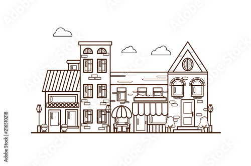 City Street flat design.Bright urban streetscape in lines. Cartoon exterior architecture, touristic place, facade for illustration of business town-planning project, background for any cartoon scene