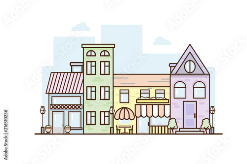 City Street flat design.Bright urban streetscape in lines. Cartoon exterior architecture  touristic place  facade for illustration of business town-planning project  background for any cartoon scene
