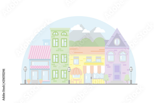 City Street flat design.Bright urban streetscape in lines. Cartoon exterior architecture, touristic place, facade for illustration of business town-planning project, background for any cartoon scene