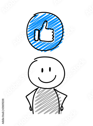 Stickman with smiley facial expression holiding thumb (social media) icon. Vector.