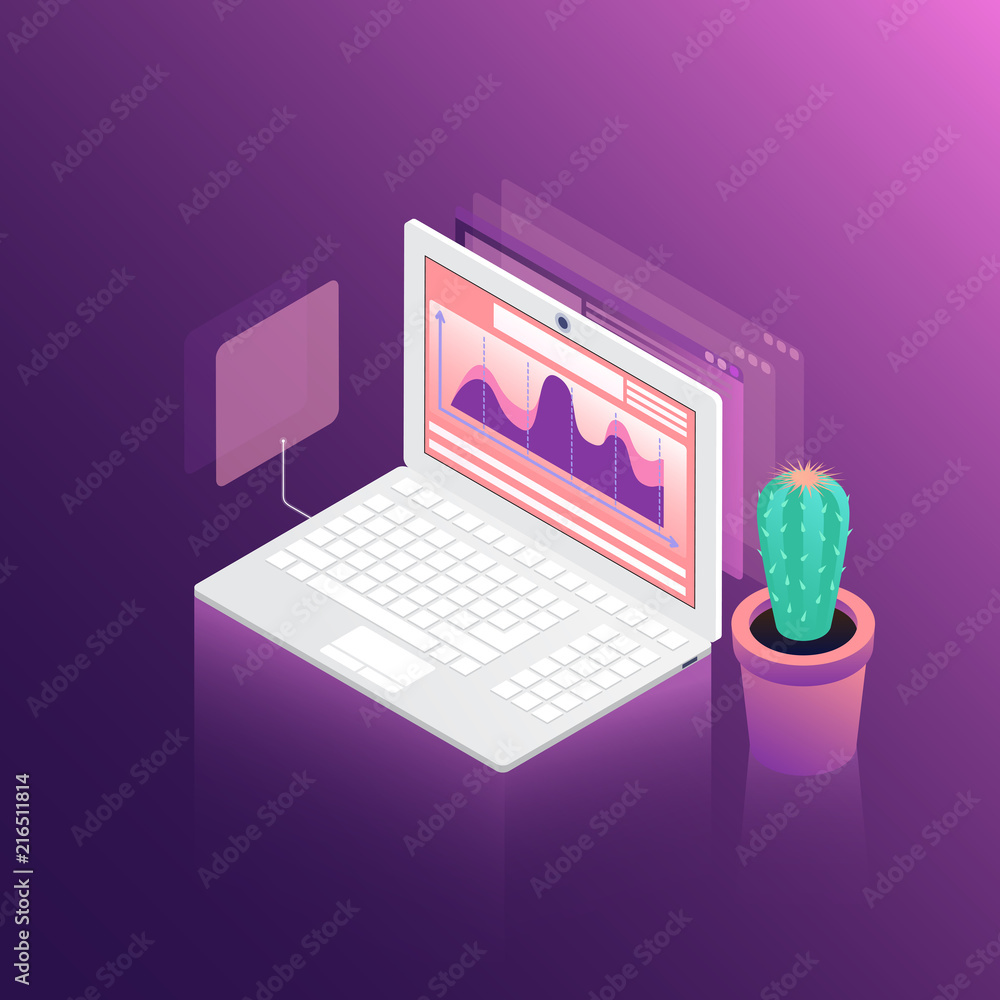 Isometric laptop for business with potted cactus. Modern portable computer with graphs on screen. Technology concept. Infographics isometric vector illustration on ultraviolet background Isometric laptop for business with potted cactus. Modern portable computer with graphs on screen. Technology concept. Infographics isometric vector illustration on ultraviolet background