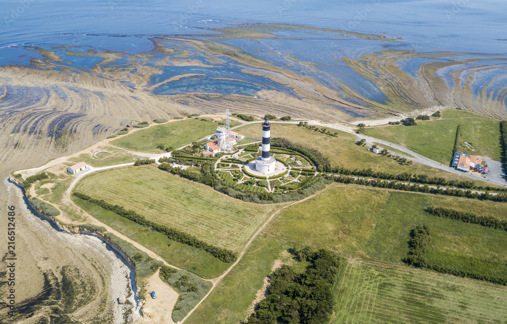 Aerial view of Chassiron lighthouse at low tide