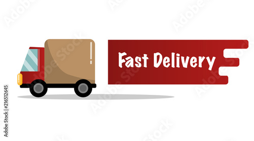 Flat delivery service truck for poster, banner, logo, icon of job hunting company or delivery system or transportation shipping organization, commercial car shop, driver training center
