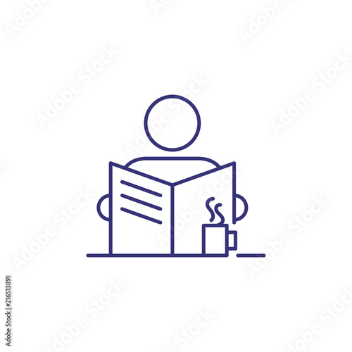 Coffee break line icon. Male character drinking coffee and reading newspaper. Business morning concept. Can be used for topics like work balance, daily routine, breakfast