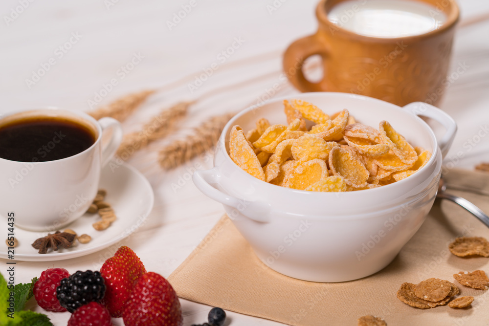 Bowl of breakfast cereal with cup of coffee Bowl of breakfast cereal with cup of coffee
