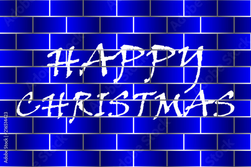 Happy christmas inscription on the brick wall, White graffiti on blue brick wall