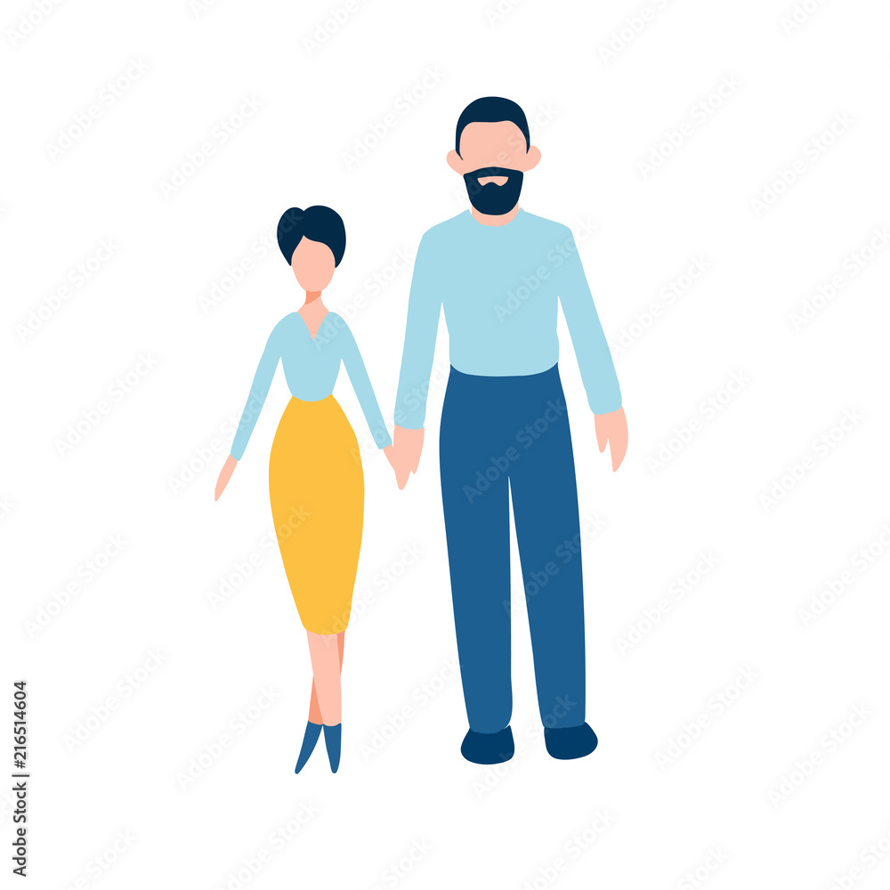 Fototapeta premium Happy couple flat icons set - man and woman holding their hands together. For poster, banner, greeting cards, logo. For any business needs, love and valentine's day congratulations