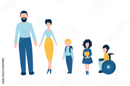 Set of flat people icons - male father man , female mother woman , kids school children , one of them is disabled child on wheelchair for barrier-free environment and tolerance to invalids