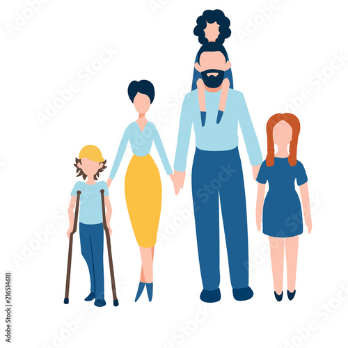 Happy family flat icons set - couple with kids including disabled boy with crutches. For demonstration of barrier-free environment in schools university city and tolerance to invalids
