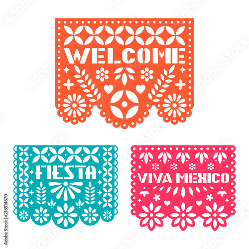 Paper greeting card with cut out flowers, shapes and text. Papel Picado vector template design set isolated on white background. Traditional Mexican paper garland.