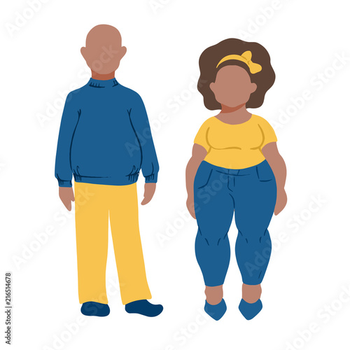 Fat dark skin couple. Funny cartoon personages in flat style for poster, banner, logo, icon, website. For family relations, body positive, racial issues, overweight, sport, modern people concept