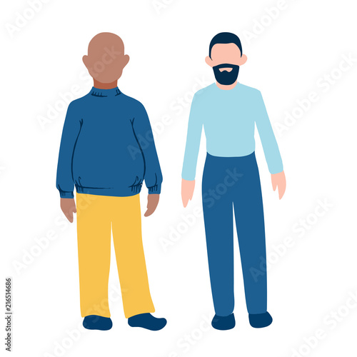 Two male personages with different skin color and body shape. Fat dark skin and tall light skin bearded hairless men flat style icon for business concept or gay couple or body positive illustration