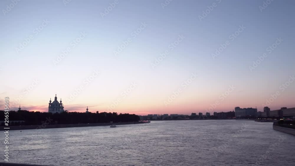 Smolny Convent view from Bolsheokhtinsky Bridge in Saint Petersburg PANNING RIGHT TO LEFT Smolny Convent view from Bolsheokhtinsky Bridge in Saint Petersburg PANNING RIGHT TO LEFT