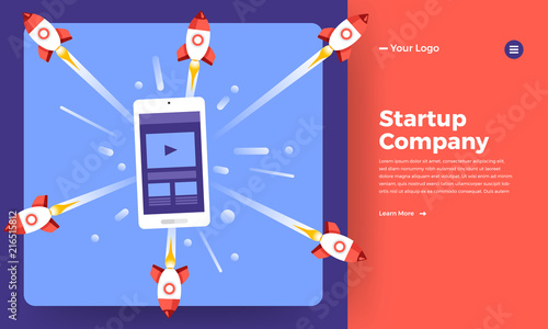 Mock-up design website flat design concept stratup company mean rocket rise from computer.  Vector illustration.