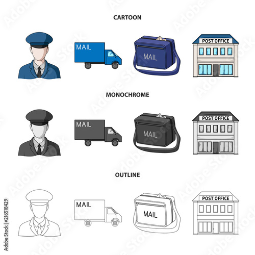 The postman in uniform, mail machine, bag for correspondence, postal office.Mail and postman set collection icons in cartoon,outline,monochrome style vector symbol stock illustration web.
