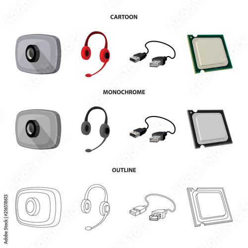 Webcam, headphones, USB cable, processor. Personal computer set collection icons in cartoon,outline,monochrome style vector symbol stock illustration web.