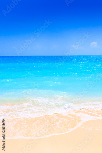Fototapeta Naklejka Na Ścianę i Meble -  Lonely sandy beach with turquoise ocean and blue sky