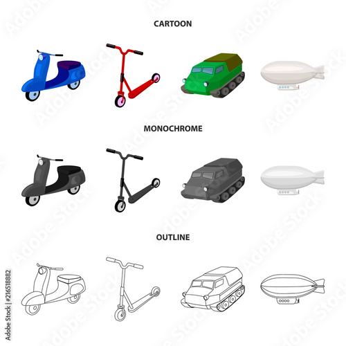 Motorcycle, scooter, armored personnel carrier, aerostat types of transport. Transport set collection icons in cartoon,outline,monochrome style vector symbol stock illustration web.