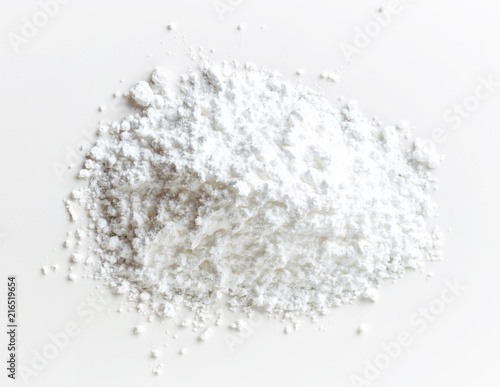 Heap of powder sugar on white background, from above