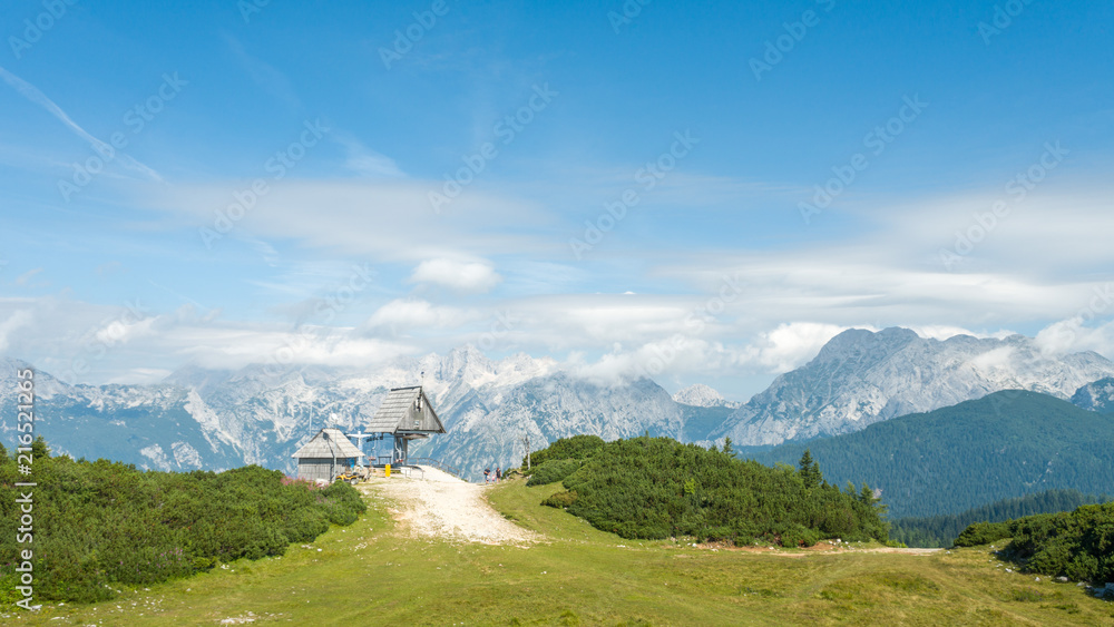 Ski lift with Julian alps in the back, Slovenia