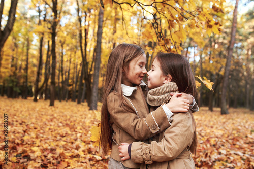 Cute two little sisters hugging in autumn park outdoor