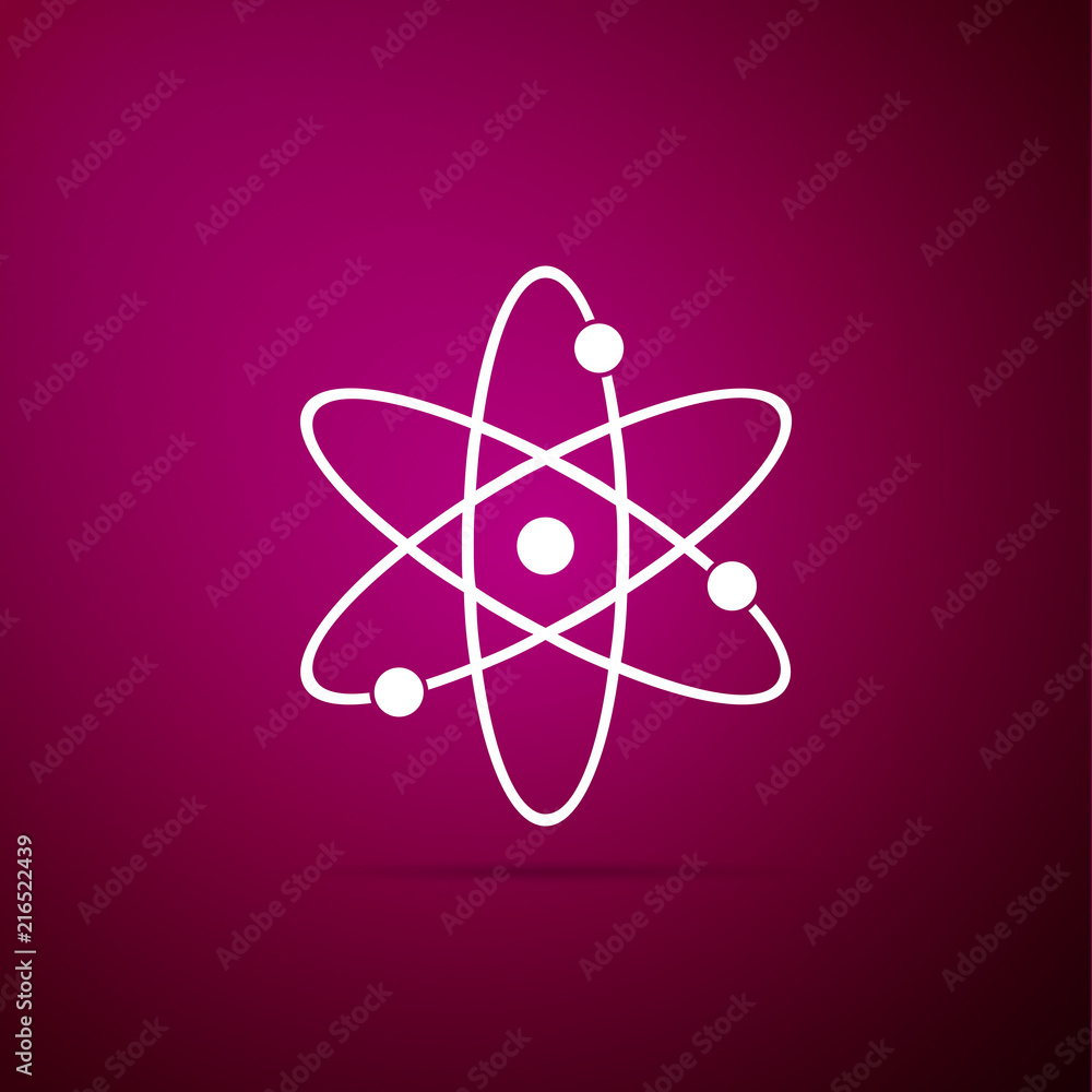 Atom icon isolated on purple background. Symbol of science, education, nuclear physics, scientific research. Electrons and protonssign. Flat design. Vector Illustration Atom icon isolated on purple background. Symbol of science, education, nuclear physics, scientific research. Electrons and protonssign. Flat design. Vector Illustration