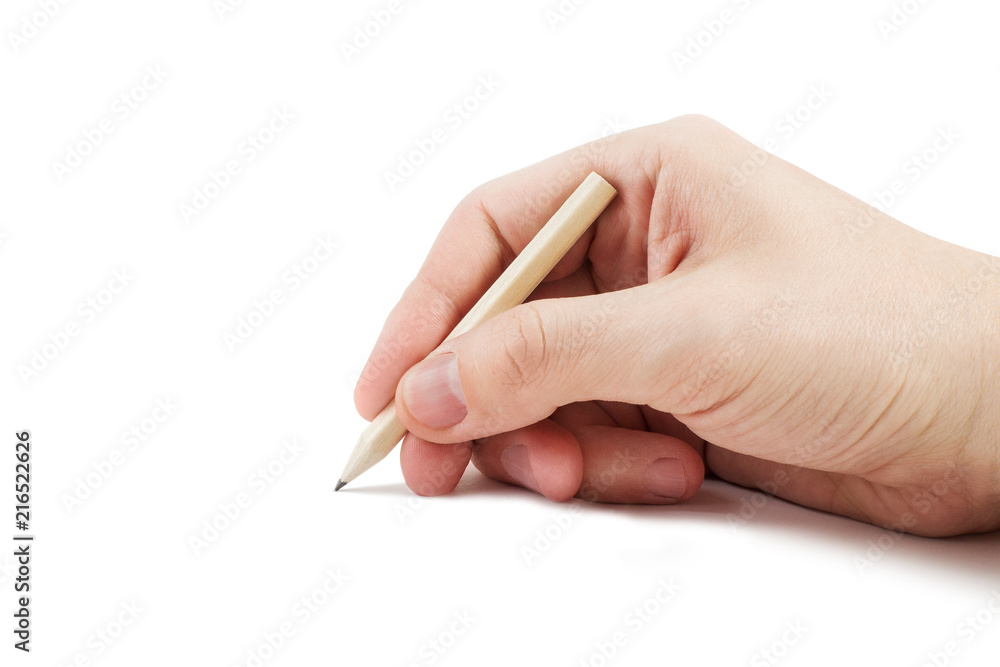Male hand writing with white pen, isolated on white background Male hand writing with white pen, isolated on white background