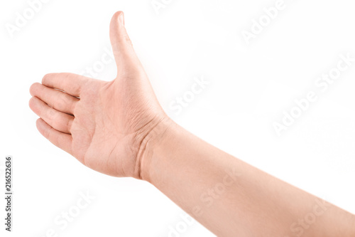 Male first-person hand extended to greet, isolated on white background