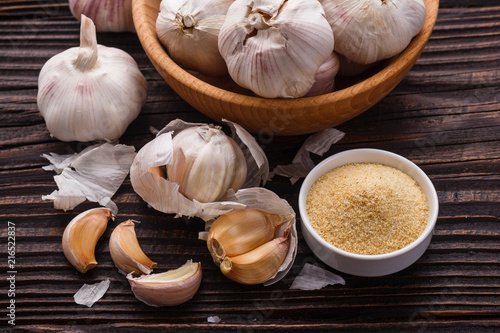 fragrant garlic on a wooden rustic background