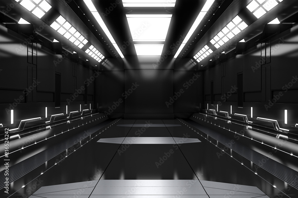 Obraz premium Futuristic tunnel with light. Black Spaceship corridor interior view.Future background, business, sci-fi or science concept. 3D Rendering.