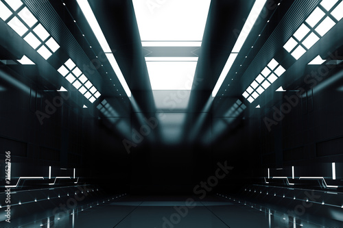 Futuristic tunnel with light. Spaceship corridor interior view.Future background, business, sci-fi or science concept. 3D Rendering.