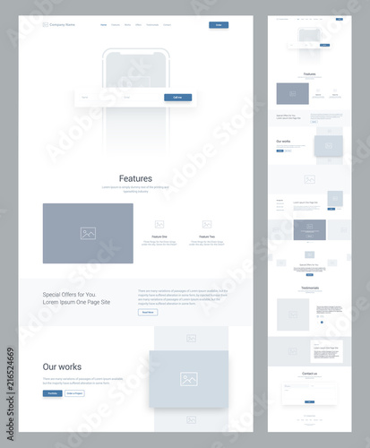 One page website design template for business. Landing page wireframe. Flat modern responsive design. Ux ui website: home, features, works, items, slides, offers, order, testimonials, contacts.