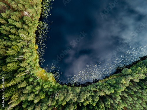 Finnish landscape in Nuuksio national park. Aerial view to lake
