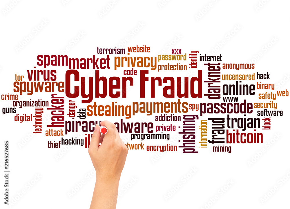 Cyber fraud word cloud and hand writing concept