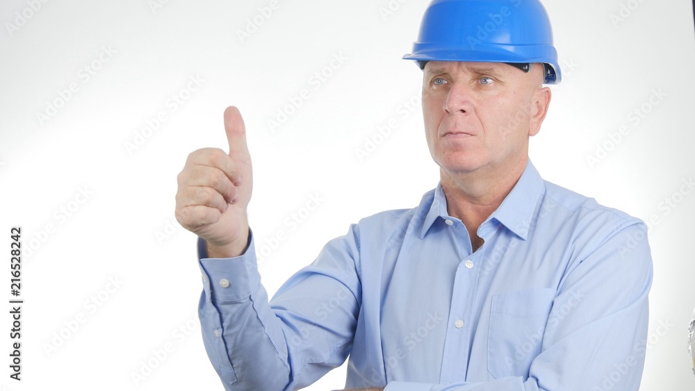 Manager Wearing Engineer Helmet Make Good Job Sign Thumbs Up Gestures Manager Wearing Engineer Helmet Make Good Job Sign Thumbs Up Gestures