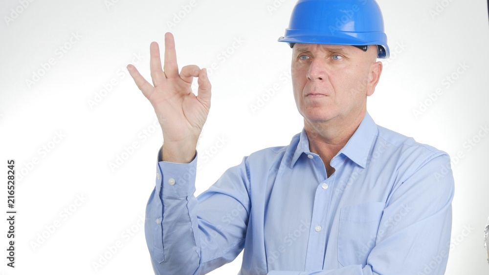 Manager Wearing Engineer Helmet Make Good Job Sign OK Hand Gestures Manager Wearing Engineer Helmet Make Good Job Sign OK Hand Gestures