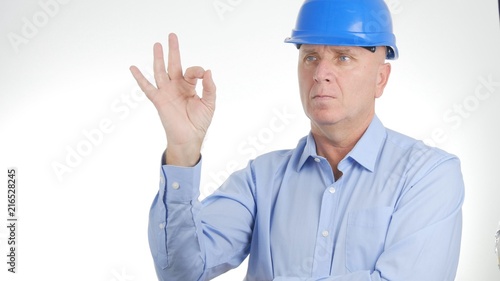 Manager Wearing Engineer Helmet Make Good Job Sign OK Hand Gestures