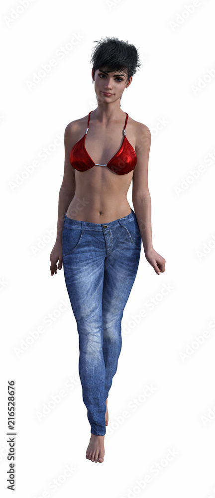 Illustration of a woman posing in a red bikini top and faded blue jeans  Stock Illustration | Adobe Stock