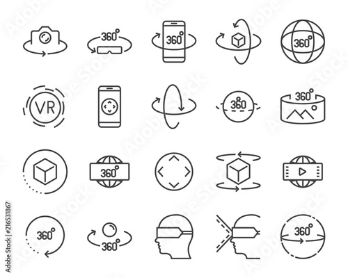 vr vector line icon set, such as 360degree, glasses, round