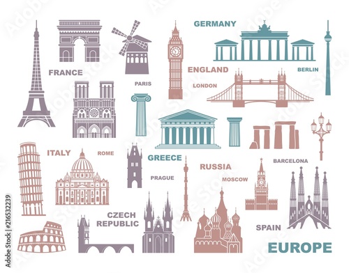 Collection of Europe detailed silhouettes. Set Travel Landmarks. vector illustration