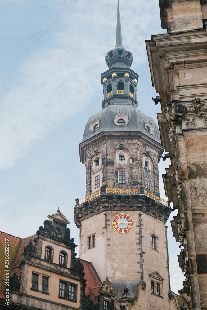Tower of Gaussmann in Dresden in Germany against the blue sky. Tower of Gaussmann in Dresden in Germany against the blue sky.