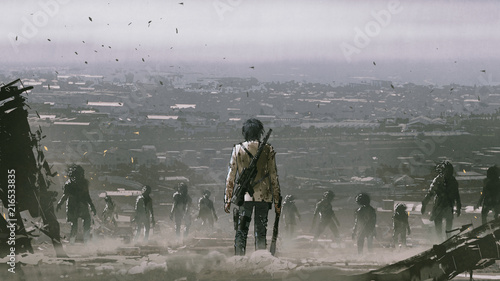 man with weapons facing a crowd of zombies against post apocalypse world, digital art style, illustration painting
