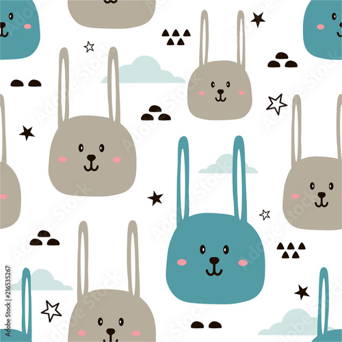 Rabbits, stars, hand drawn backdrop. Colorful seamless pattern with muzzles of animals. Decorative cute wallpaper, good for printing. Overlapping colored background vector