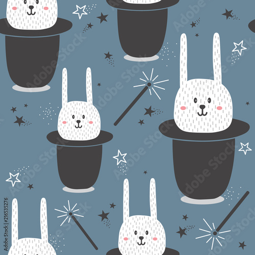 Rabbits in hats, magic wands, stars, hand drawn backdrop. Colorful seamless pattern with muzzles of animals. Decorative cute wallpaper, good for printing. Overlapping colored background vector