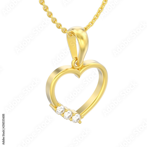 3D illustration isolated jewelry gold diamond heart necklace on chain